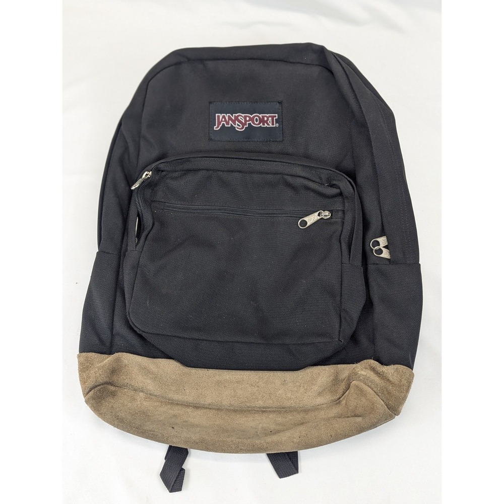 JanSport Backpack Black Nylon Suede Leather School Y2K Adjustable Collage - Picture 4 of 10